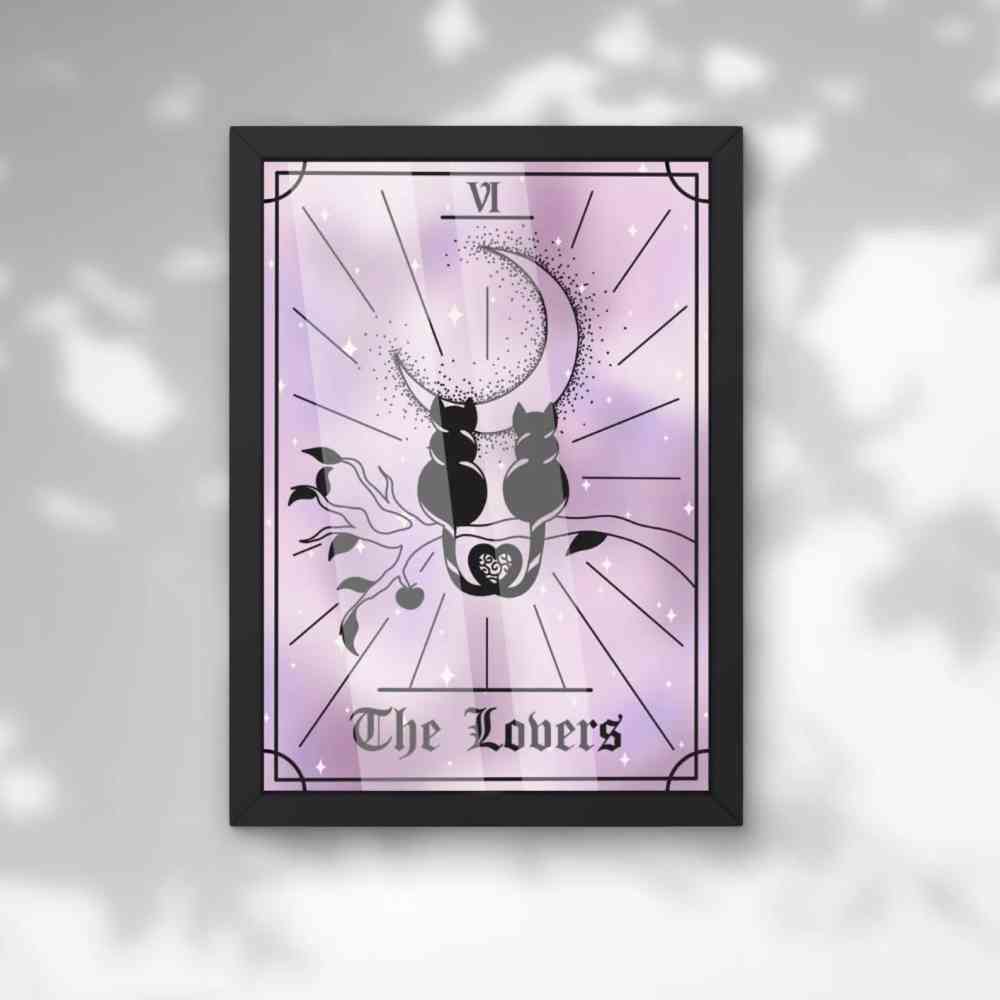 EvyHandmadeDesign - The Lovers Cat Tarot No.6 Print - Paars/Zwart